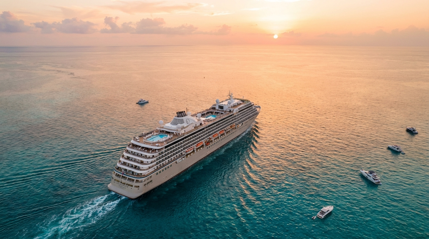 Luxury cruise ship sailing on turquoise ocean waters at golden hour sunset with dramatic sky